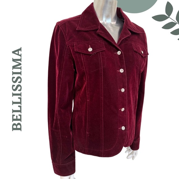BELLISSIMA Burgundy Velvet Blazer Jacket Rhinestone Buttons– Size Large - Picture 2 of 7